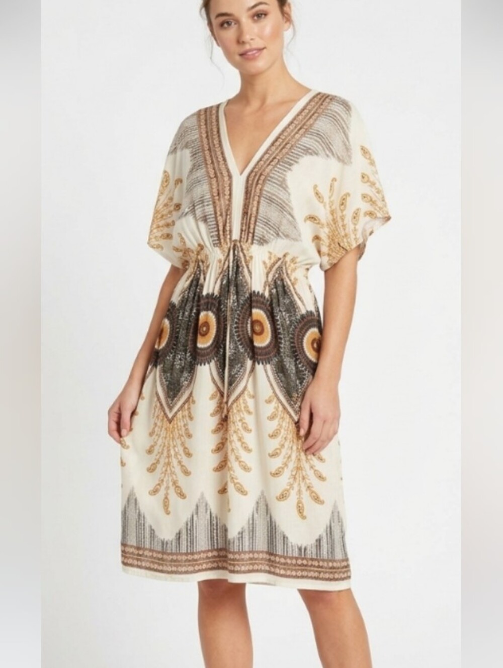 Bohemian White Printed Midi Dress with Orange & Black Accents